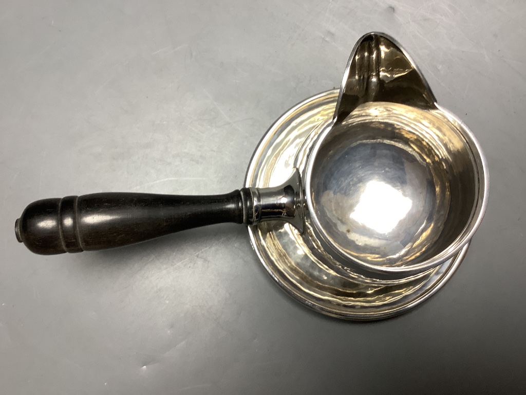 A Canadian white metal sterling brandy pan on stand, height 9.3 cm
